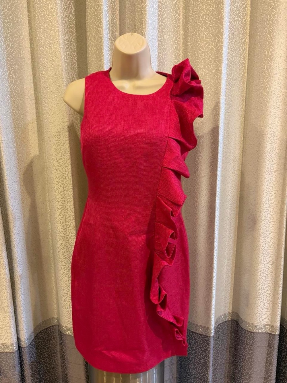 Badgley Mischka Fuchsia Ruffle-Detail Sleeveless Midi Dress